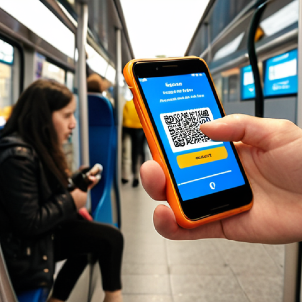 **

A hand holding a smartphone up to a bus validator for payment. Focus on the convenience and speed of contactless payment with a mobile ticket. Perhaps show blurred figures rushing by, emphasizing the time-saving aspect during rush hour in Moscow.

**
