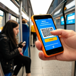 **

A hand holding a smartphone up to a bus validator for payment. Focus on the convenience and speed of contactless payment with a mobile ticket. Perhaps show blurred figures rushing by, emphasizing the time-saving aspect during rush hour in Moscow.

**