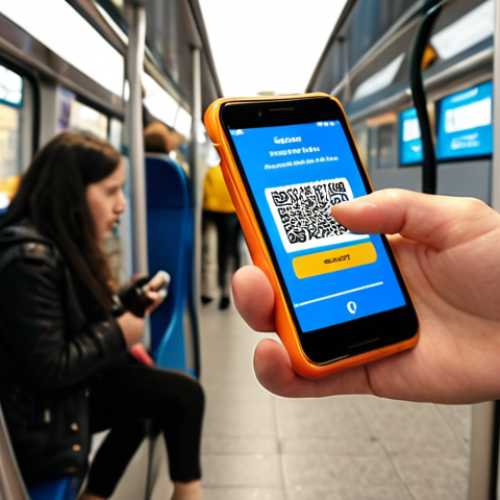 Home 11 **
A hand holding a smartphone up to a bus validator for payment. Focus on the convenience and speed of contactless payment with a mobile ticket. Perhaps show blurred figures rushing by, emphasizing the time-saving aspect during rush hour in Moscow.
**