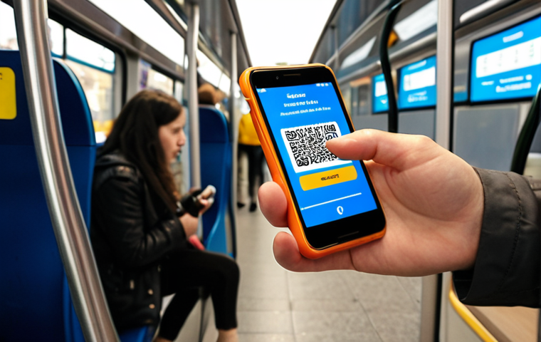 **
A hand holding a smartphone up to a bus validator for payment. Focus on the convenience and speed of contactless payment with a mobile ticket. Perhaps show blurred figures rushing by, emphasizing the time-saving aspect during rush hour in Moscow.
**