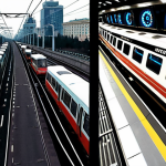 A dynamic, high-contrast image showing two parallel realities: on the left, a chaotic, gridlocked Moscow highway filled with stressed drivers in traffic, with a large clock indicating time running out. On the right, a sleek, modern Aeroexpress train, moving swiftly and effortlessly. Inside the train, passengers are relaxed, looking calm, with a sense of relief and punctuality on their faces, gazing out at the passing, blurred city lights. Emphasize the train's speed and the contrast with the stationary vehicles. Cinematic, realistic, focus on motion and emotion.