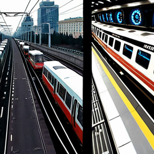 Home 6 A dynamic, high-contrast image showing two parallel realities: on the left, a chaotic, gridlocked Moscow highway filled with stressed drivers in traffic, with a large clock indicating time running out. On the right, a sleek, modern Aeroexpress train, moving swiftly and effortlessly. Inside the train, passengers are relaxed, looking calm, with a sense of relief and punctuality on their faces, gazing out at the passing, blurred city lights. Emphasize the train's speed and the contrast with the stationary vehicles. Cinematic, realistic, focus on motion and emotion.