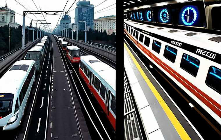 A dynamic, high-contrast image showing two parallel realities: on the left, a chaotic, gridlocked Moscow highway filled with stressed drivers in traffic, with a large clock indicating time running out. On the right, a sleek, modern Aeroexpress train, moving swiftly and effortlessly. Inside the train, passengers are relaxed, looking calm, with a sense of relief and punctuality on their faces, gazing out at the passing, blurred city lights. Emphasize the train's speed and the contrast with the stationary vehicles. Cinematic, realistic, focus on motion and emotion.